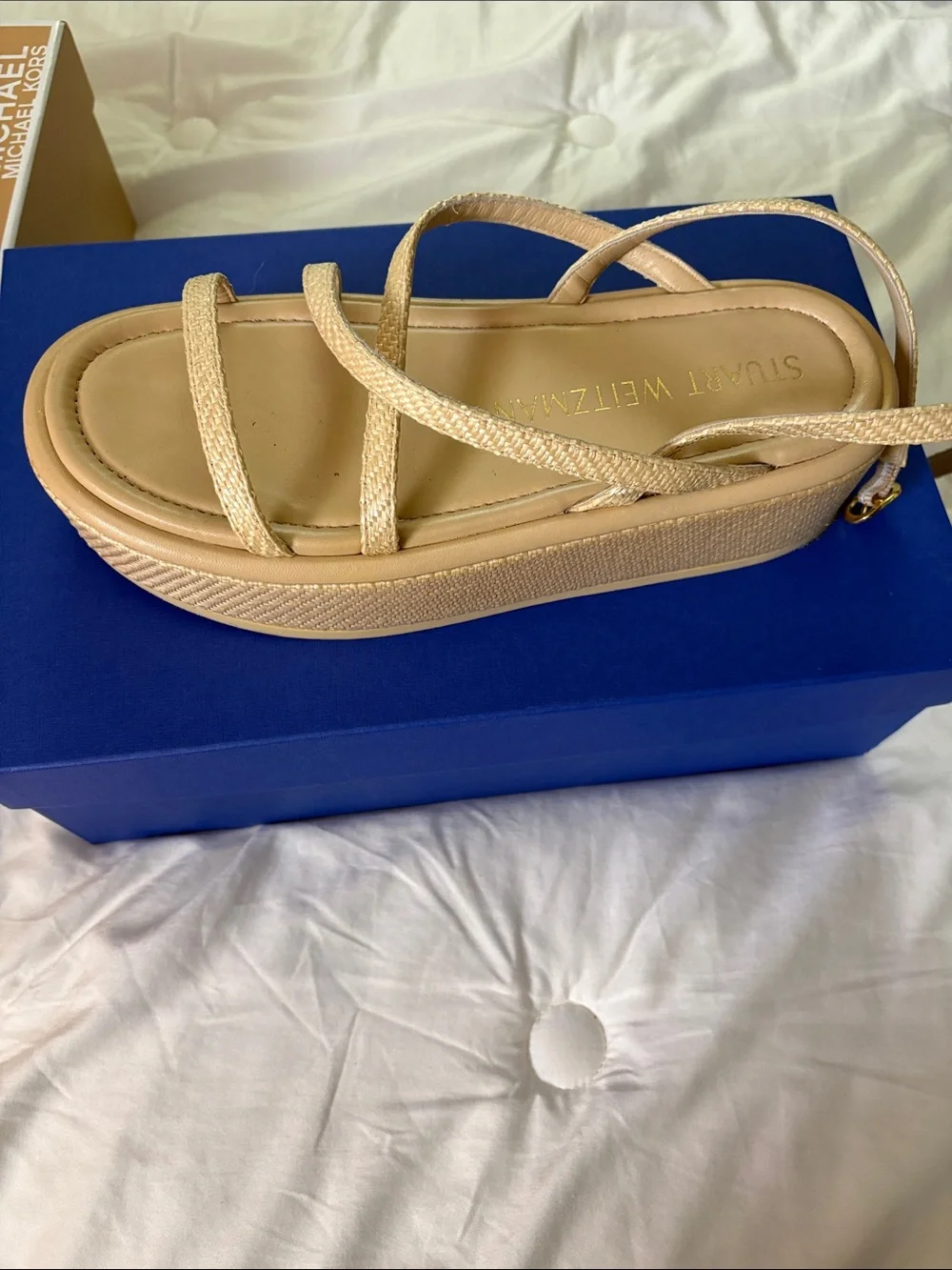 Stuart Weitzman Nude Beige Woven Platform Strappy Sandals